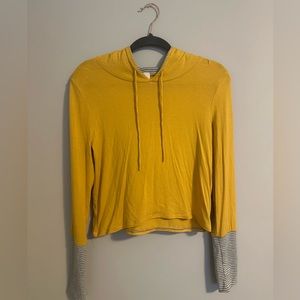 7th Roy | Woman’s Yellow with Grey and White Stripes Hooded Long Sleeve Top